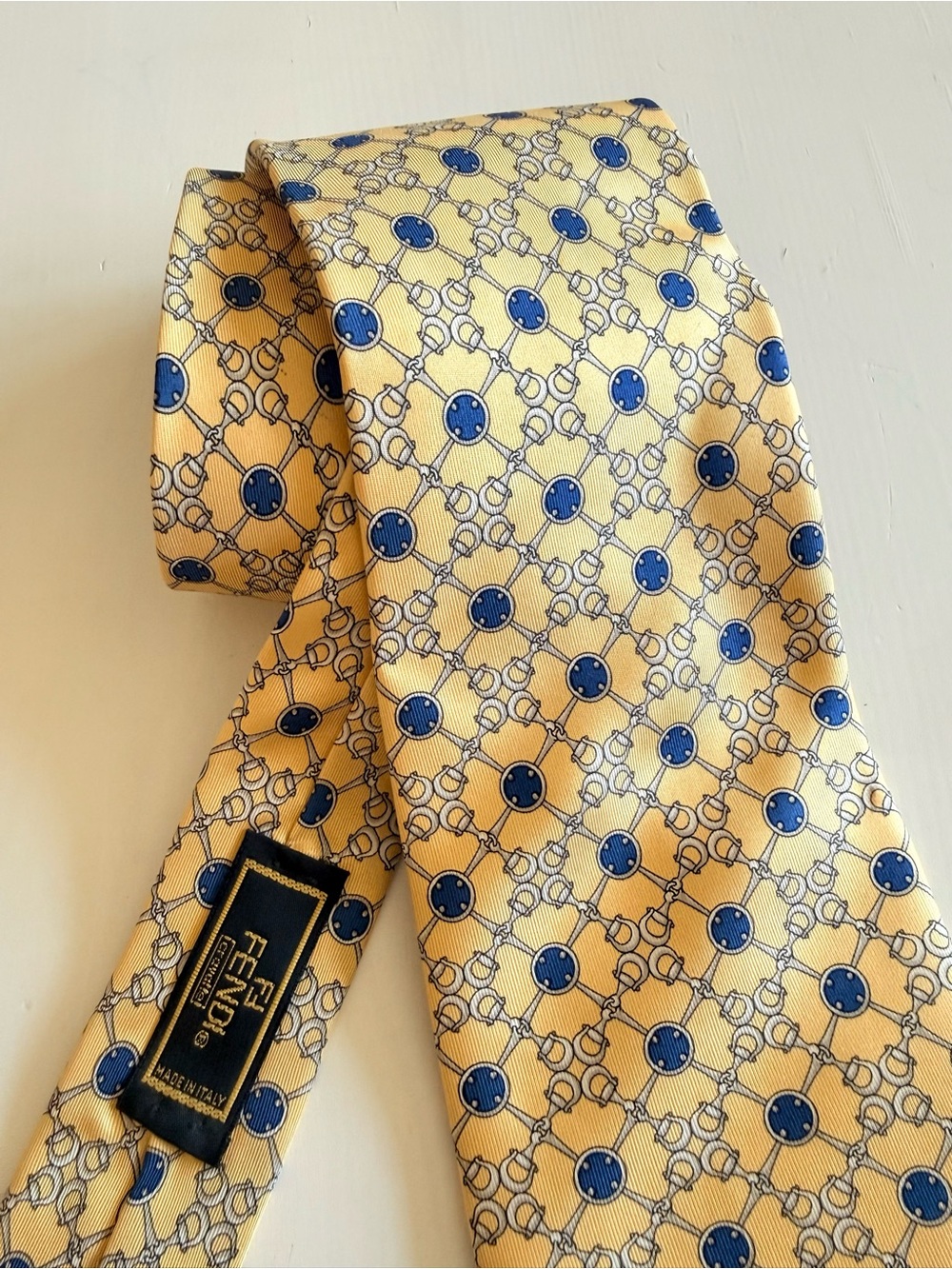 Vintage Fendi tie 100% silk yellow geometric medallion equestrian print Office
